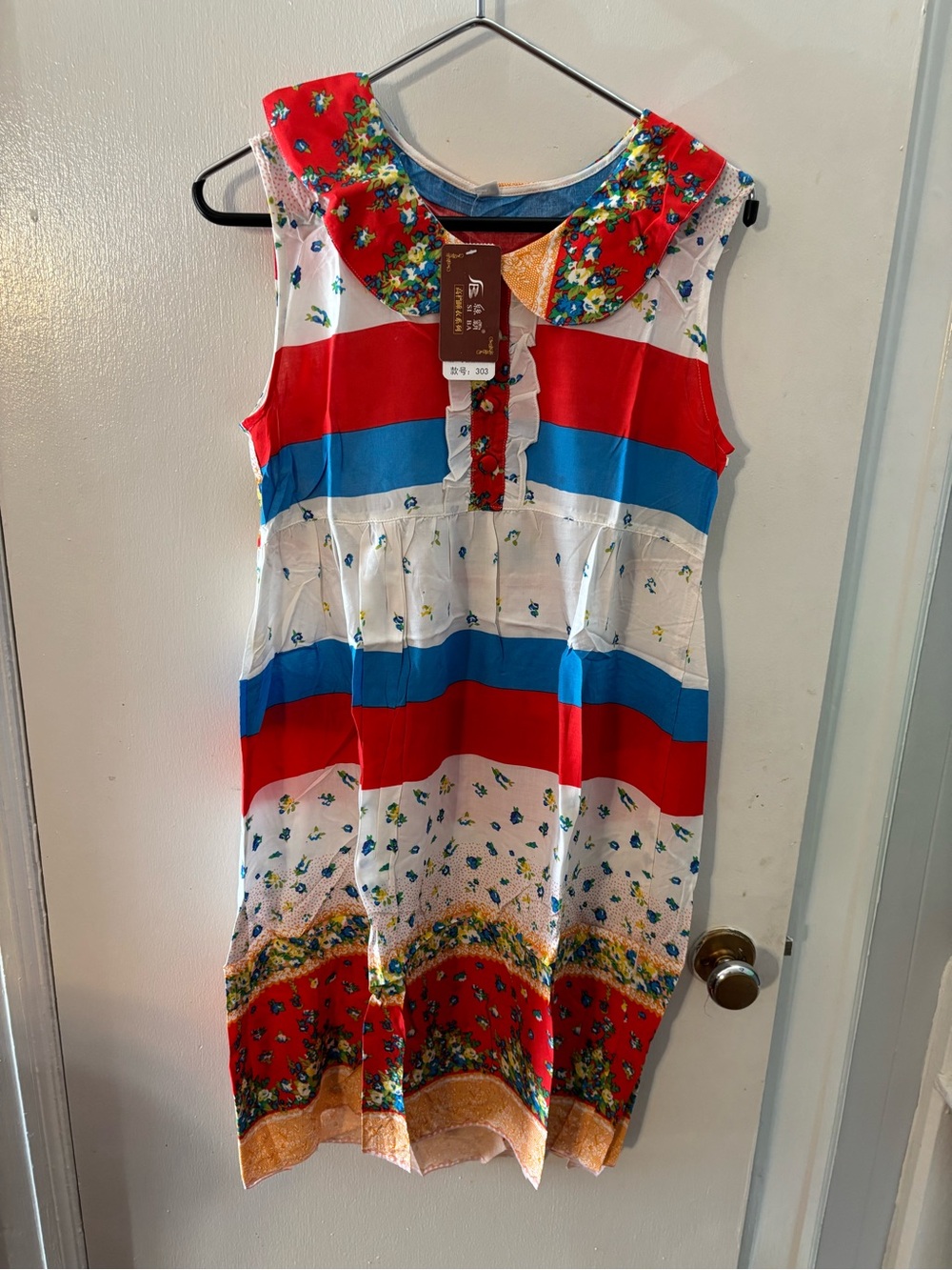 Kids Striped Floral Dress - Red, Blue & White